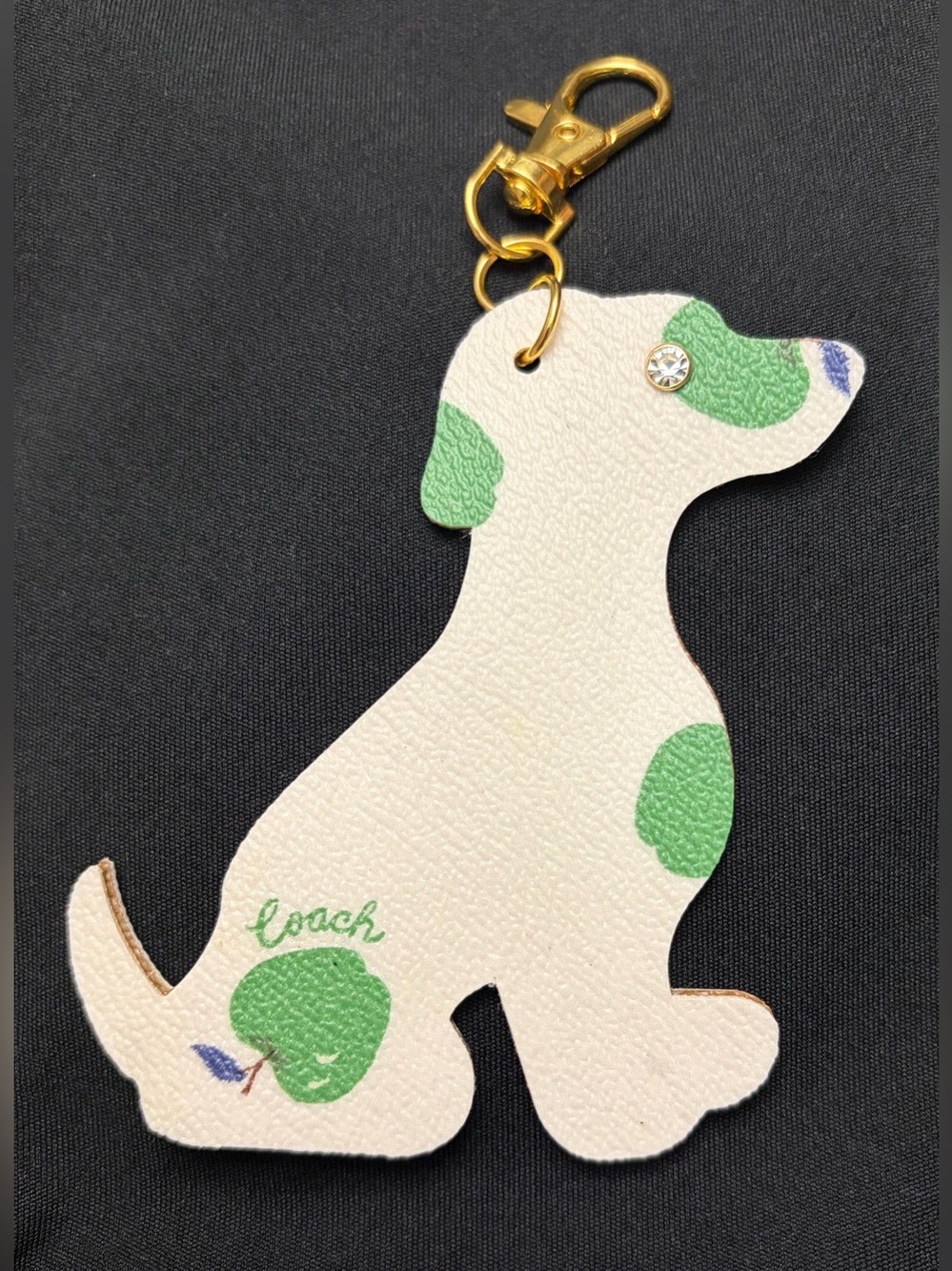 Upcycled COACH Dog Faux Leather Keychain Charm with Green Apples and Gold Clip